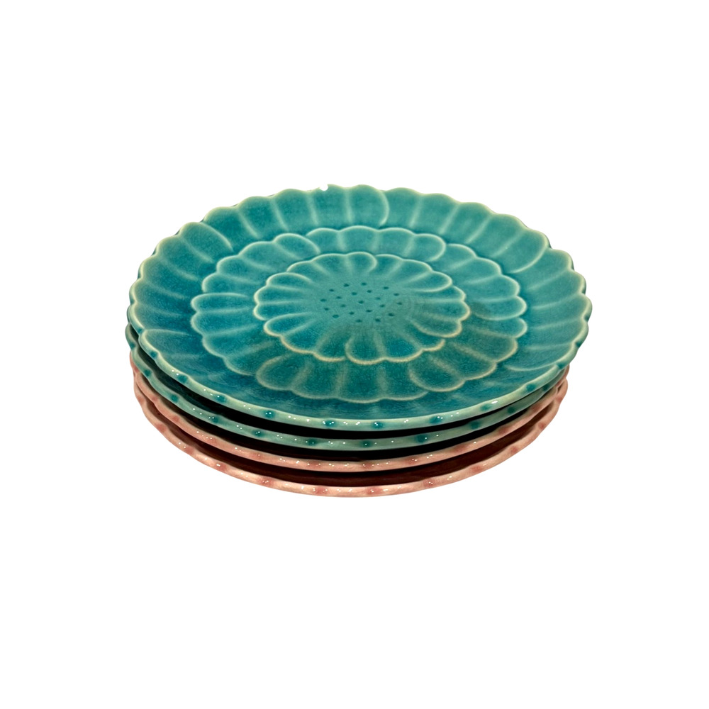 Japanese Lotus Flower 4-Plates Kotobuki Turquoise Pink Celadon Style Ceramic